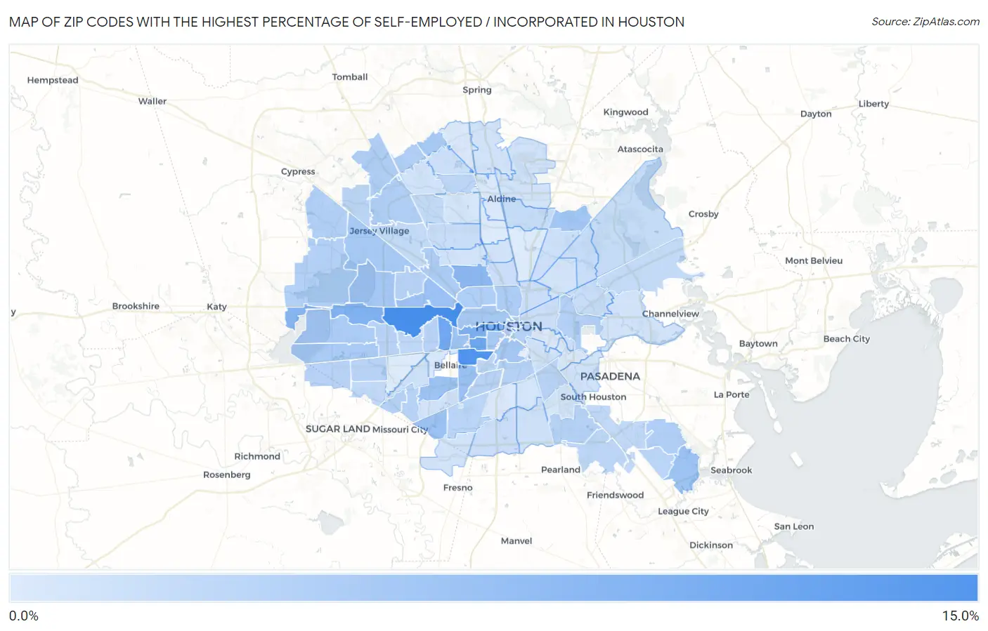 Zip Codes with the Highest Percentage of Self-Employed / Incorporated in Houston Map