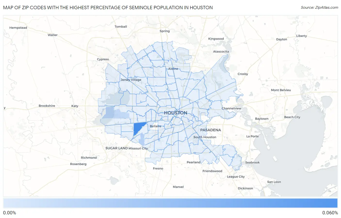 Zip Codes with the Highest Percentage of Seminole Population in Houston Map