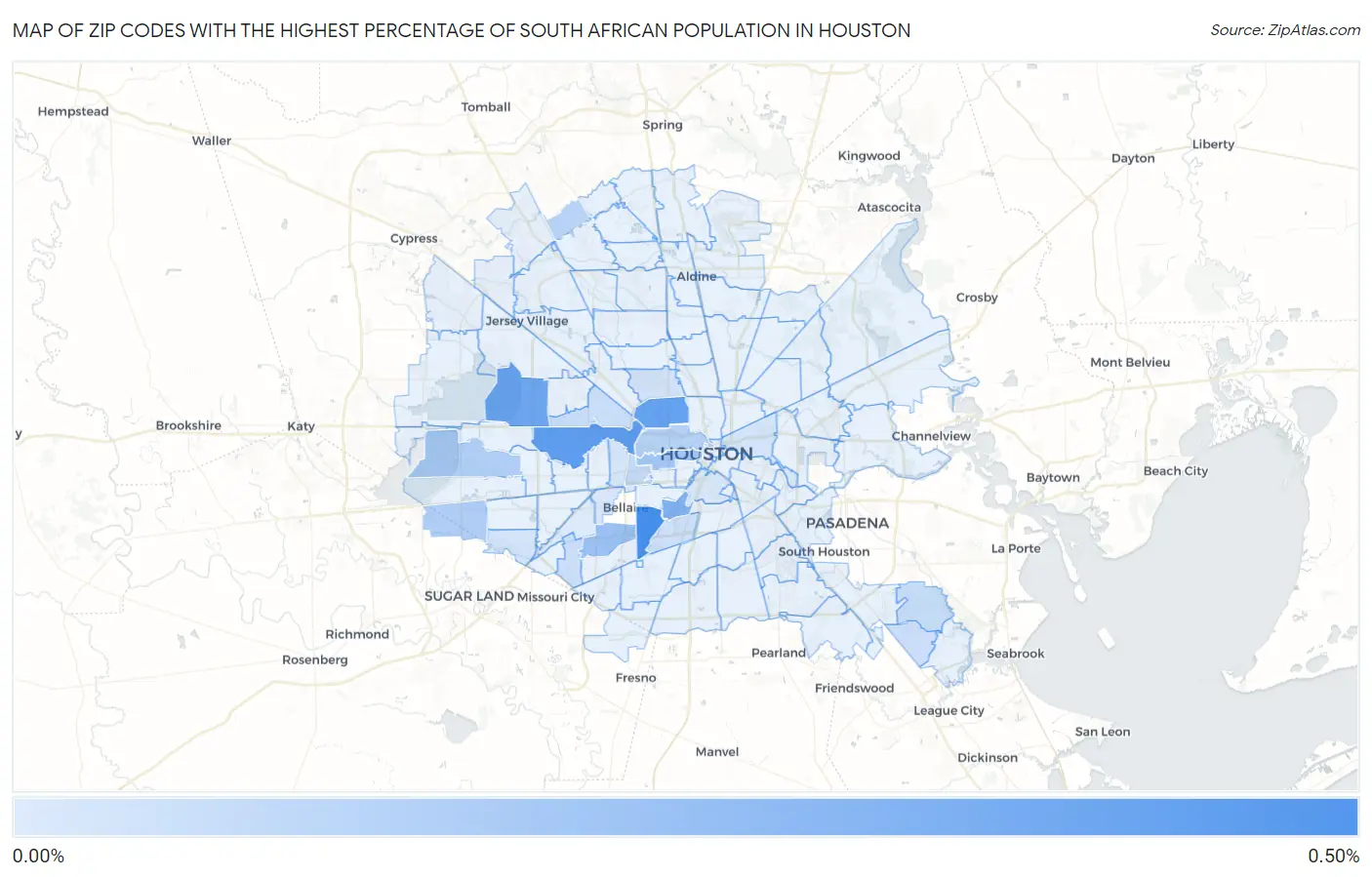 Zip Codes with the Highest Percentage of South African Population in Houston Map