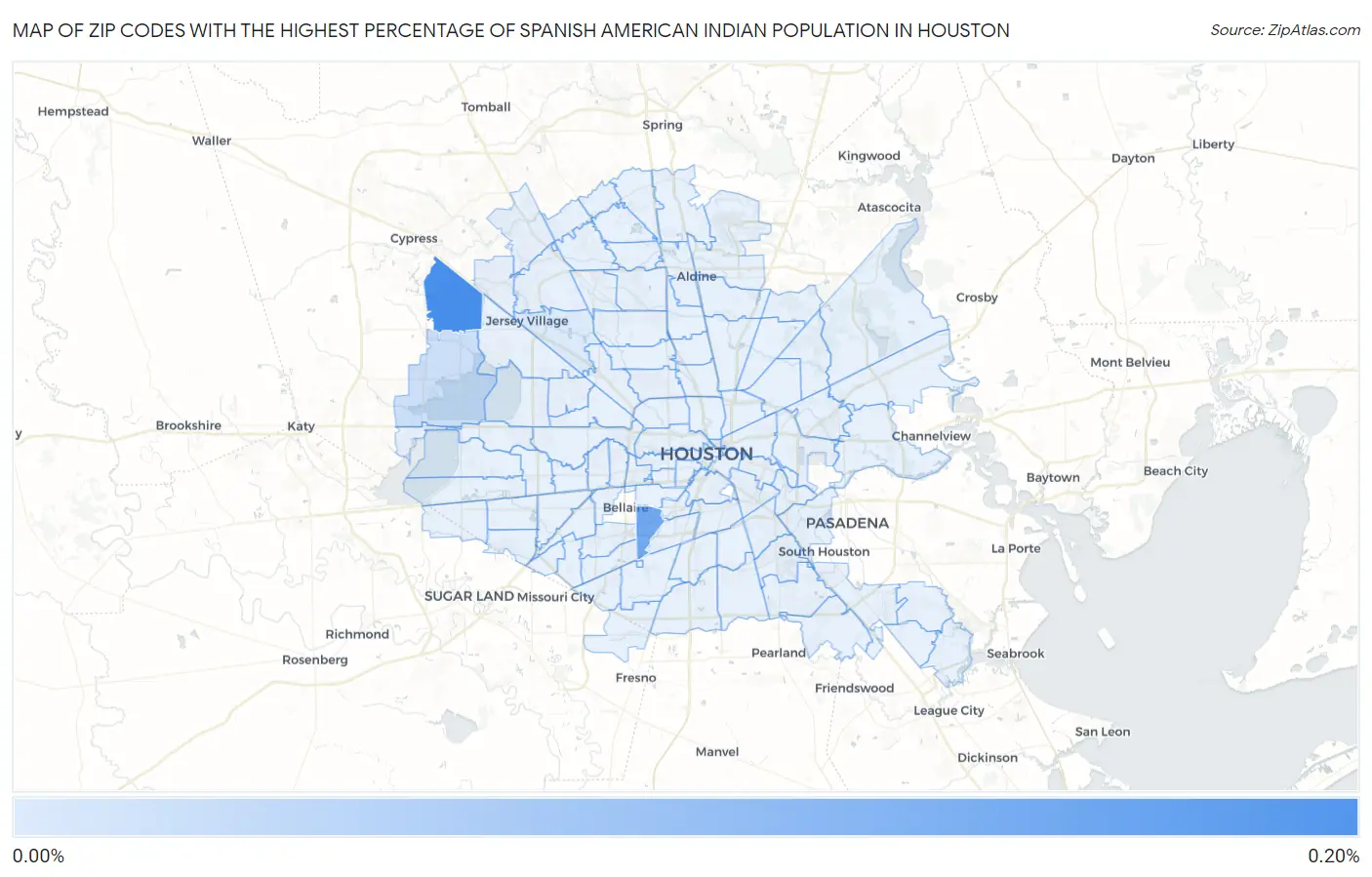 Zip Codes with the Highest Percentage of Spanish American Indian Population in Houston Map