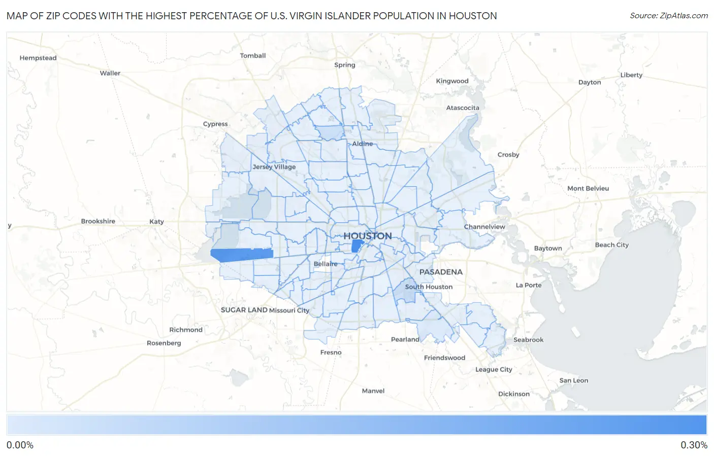 Zip Codes with the Highest Percentage of U.S. Virgin Islander Population in Houston Map