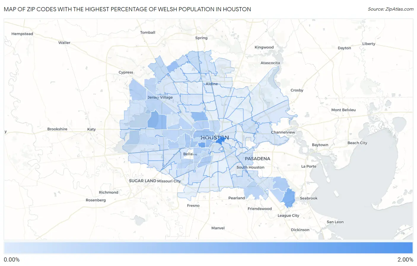 Zip Codes with the Highest Percentage of Welsh Population in Houston Map