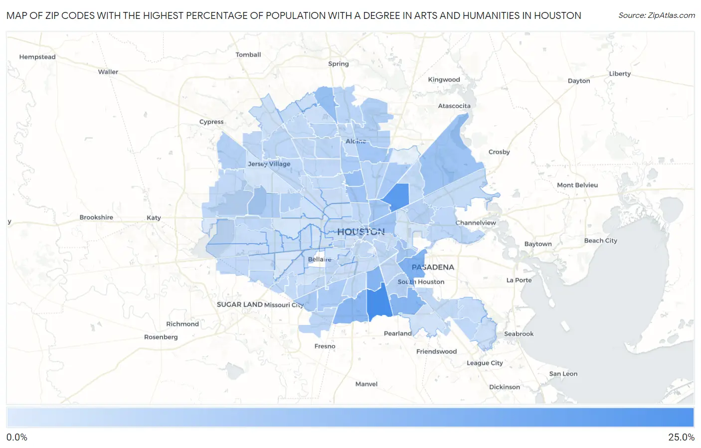 Zip Codes with the Highest Percentage of Population with a Degree in Arts and Humanities in Houston Map