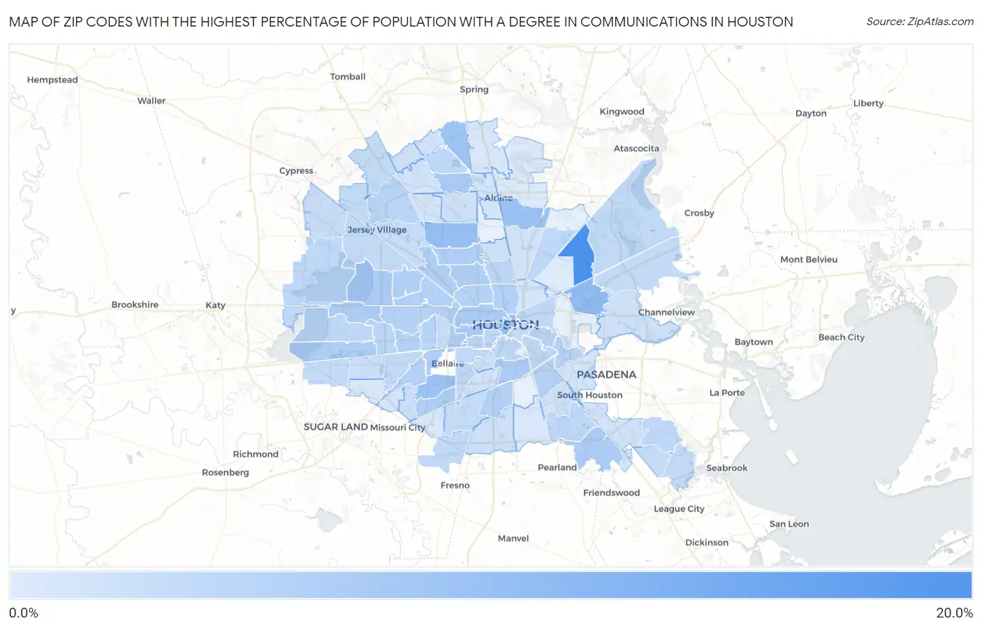 Zip Codes with the Highest Percentage of Population with a Degree in Communications in Houston Map