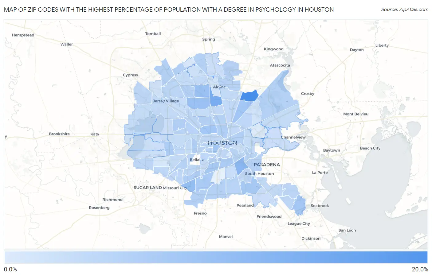 Zip Codes with the Highest Percentage of Population with a Degree in Psychology in Houston Map
