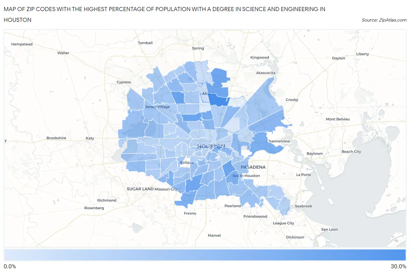 Zip Codes with the Highest Percentage of Population with a Degree in Science and Engineering in Houston Map