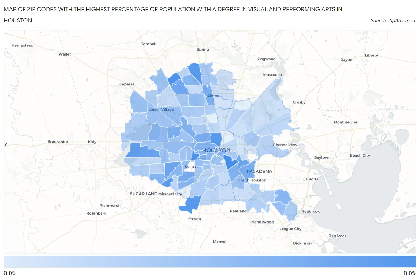 Zip Codes with the Highest Percentage of Population with a Degree in Visual and Performing Arts in Houston Map