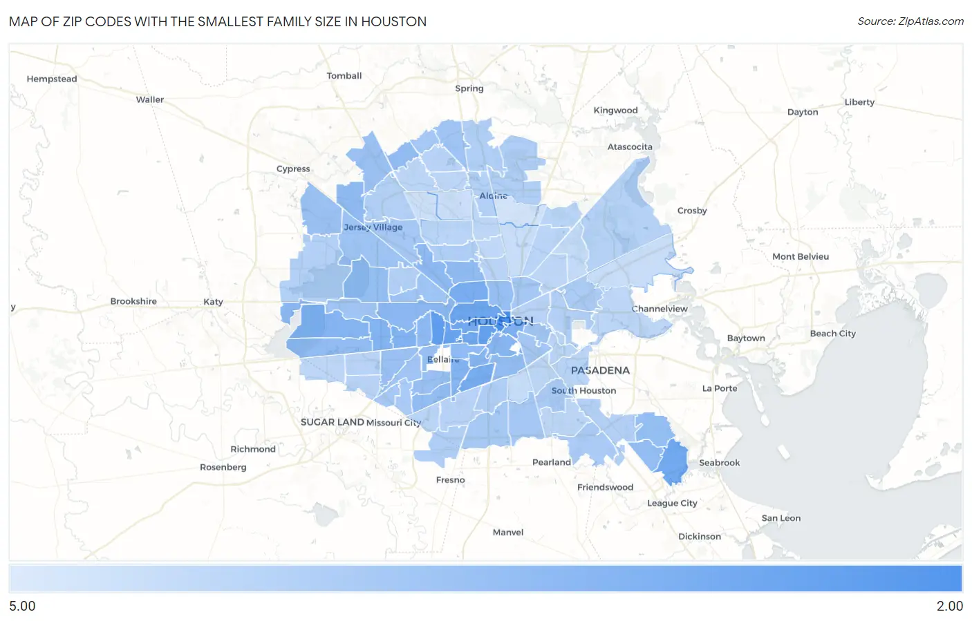 Zip Codes with the Smallest Family Size in Houston Map