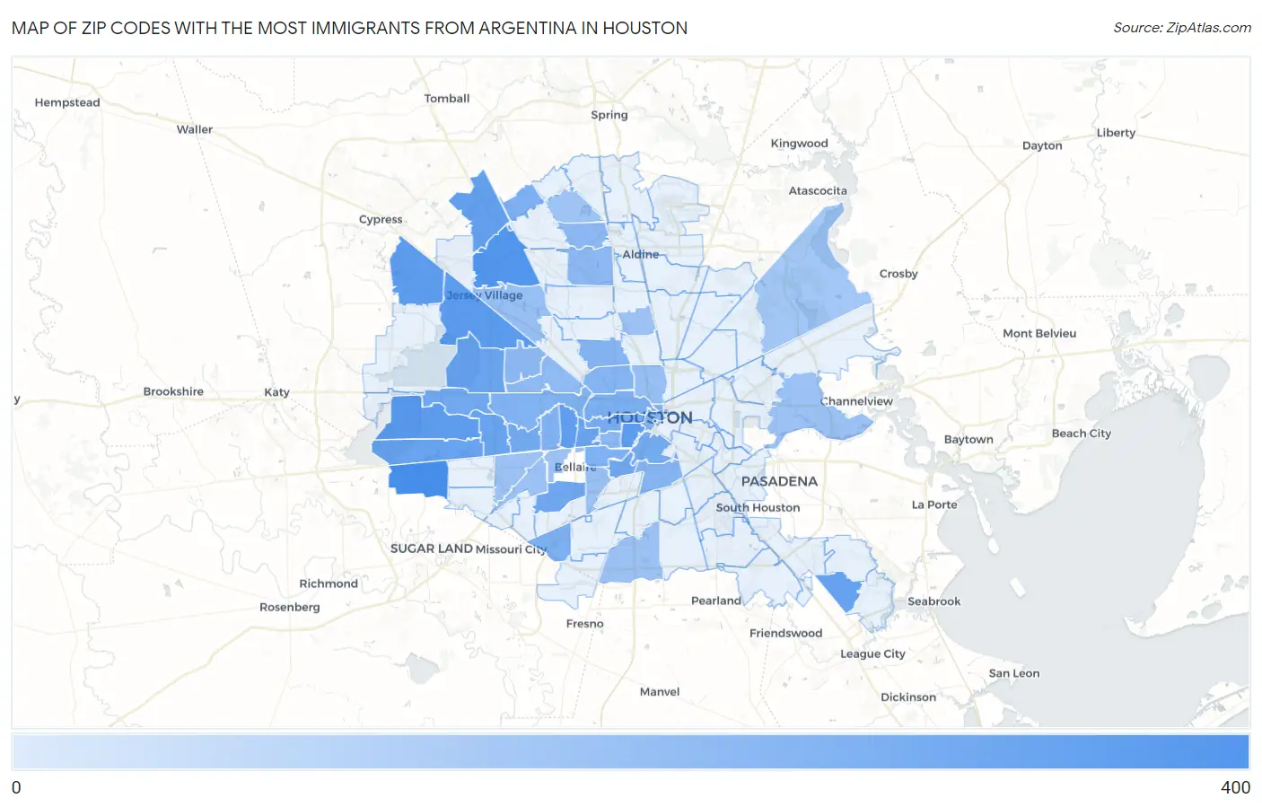 Zip Codes with the Most Immigrants from Argentina in Houston Map