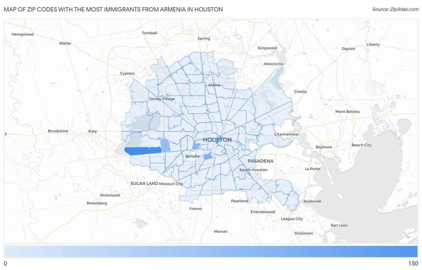 Zip Codes with the Most Immigrants from Armenia in Houston Map
