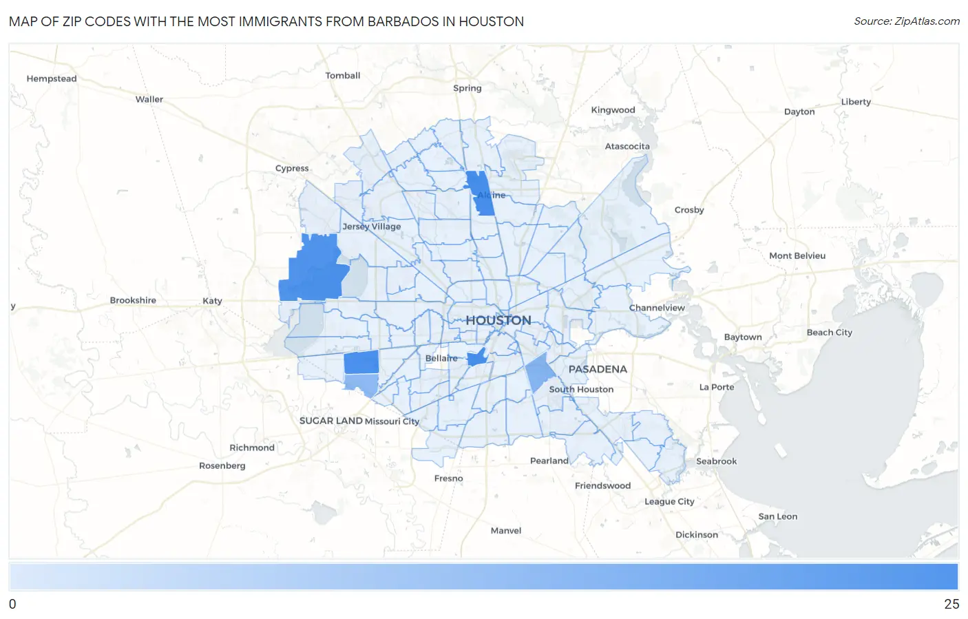 Zip Codes with the Most Immigrants from Barbados in Houston Map