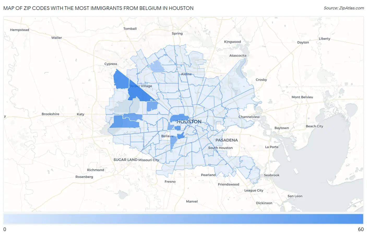 Zip Codes with the Most Immigrants from Belgium in Houston Map