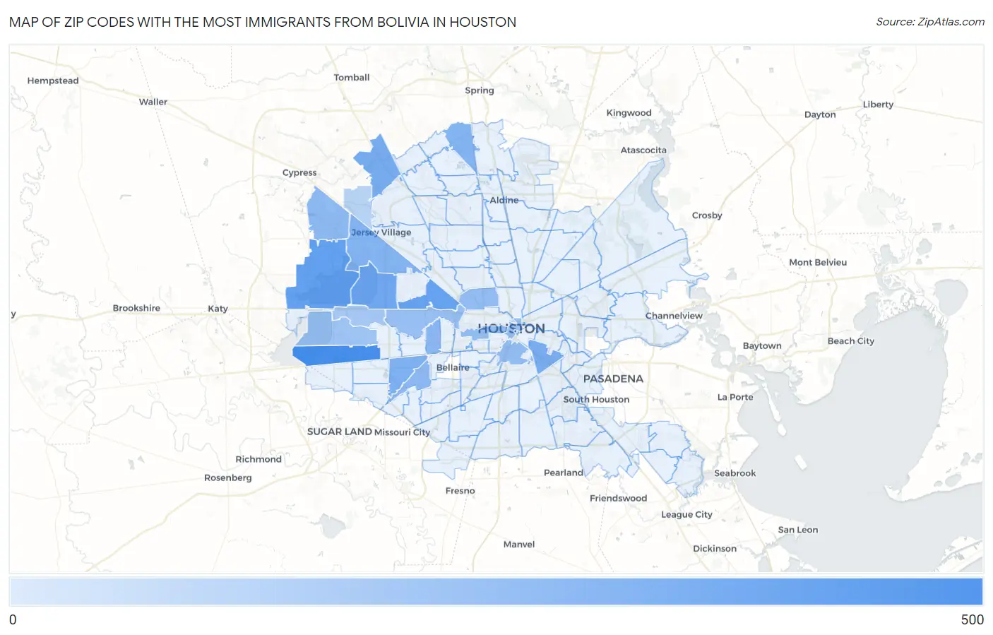 Zip Codes with the Most Immigrants from Bolivia in Houston Map