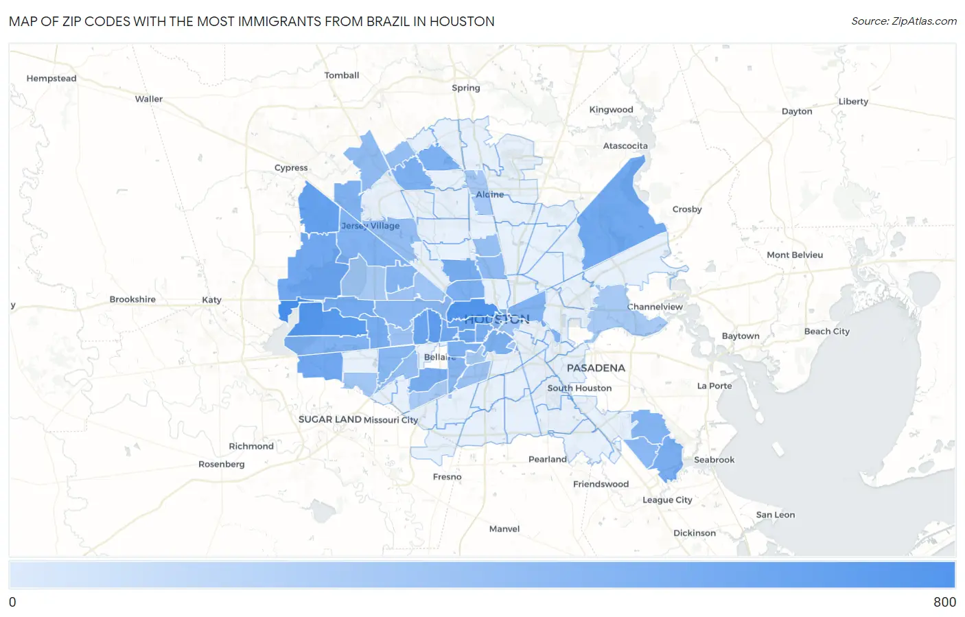 Zip Codes with the Most Immigrants from Brazil in Houston Map