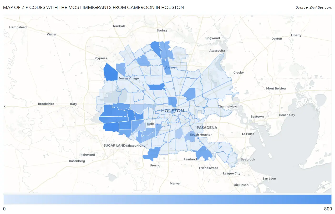 Zip Codes with the Most Immigrants from Cameroon in Houston Map