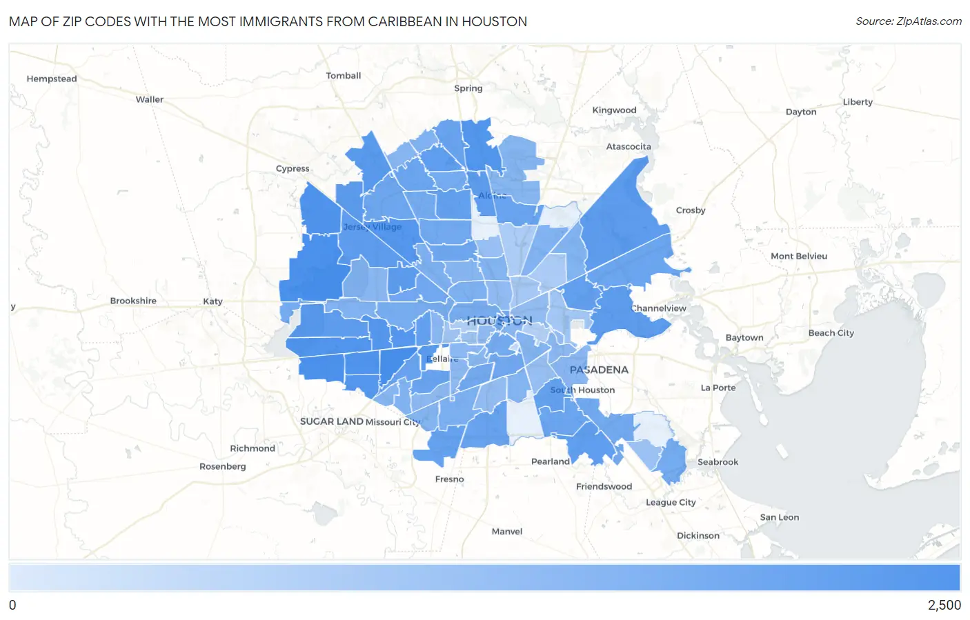 Zip Codes with the Most Immigrants from Caribbean in Houston Map