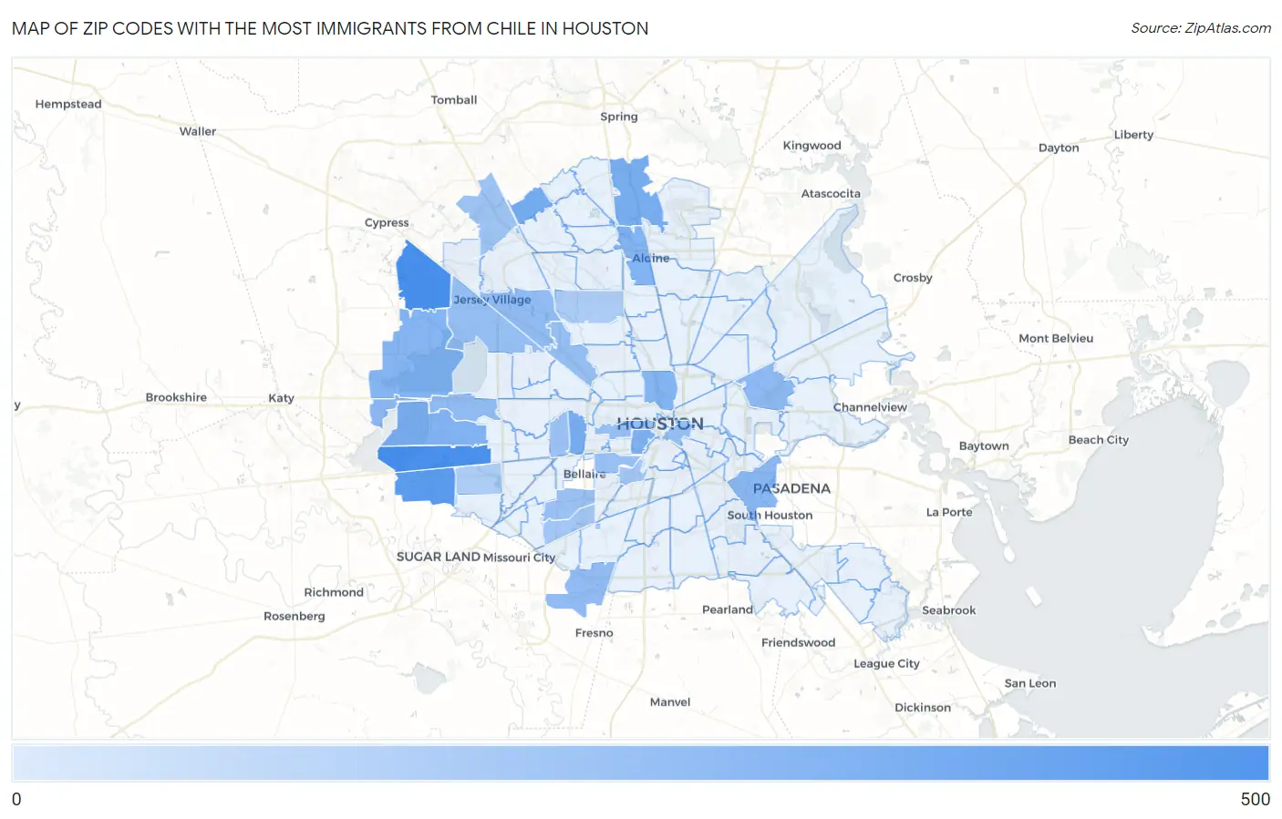 Zip Codes with the Most Immigrants from Chile in Houston Map