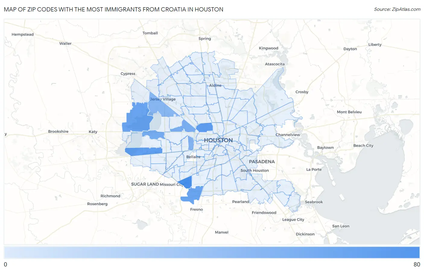 Zip Codes with the Most Immigrants from Croatia in Houston Map