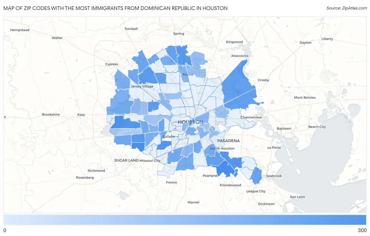 Zip Codes with the Most Immigrants from Dominican Republic in Houston Map