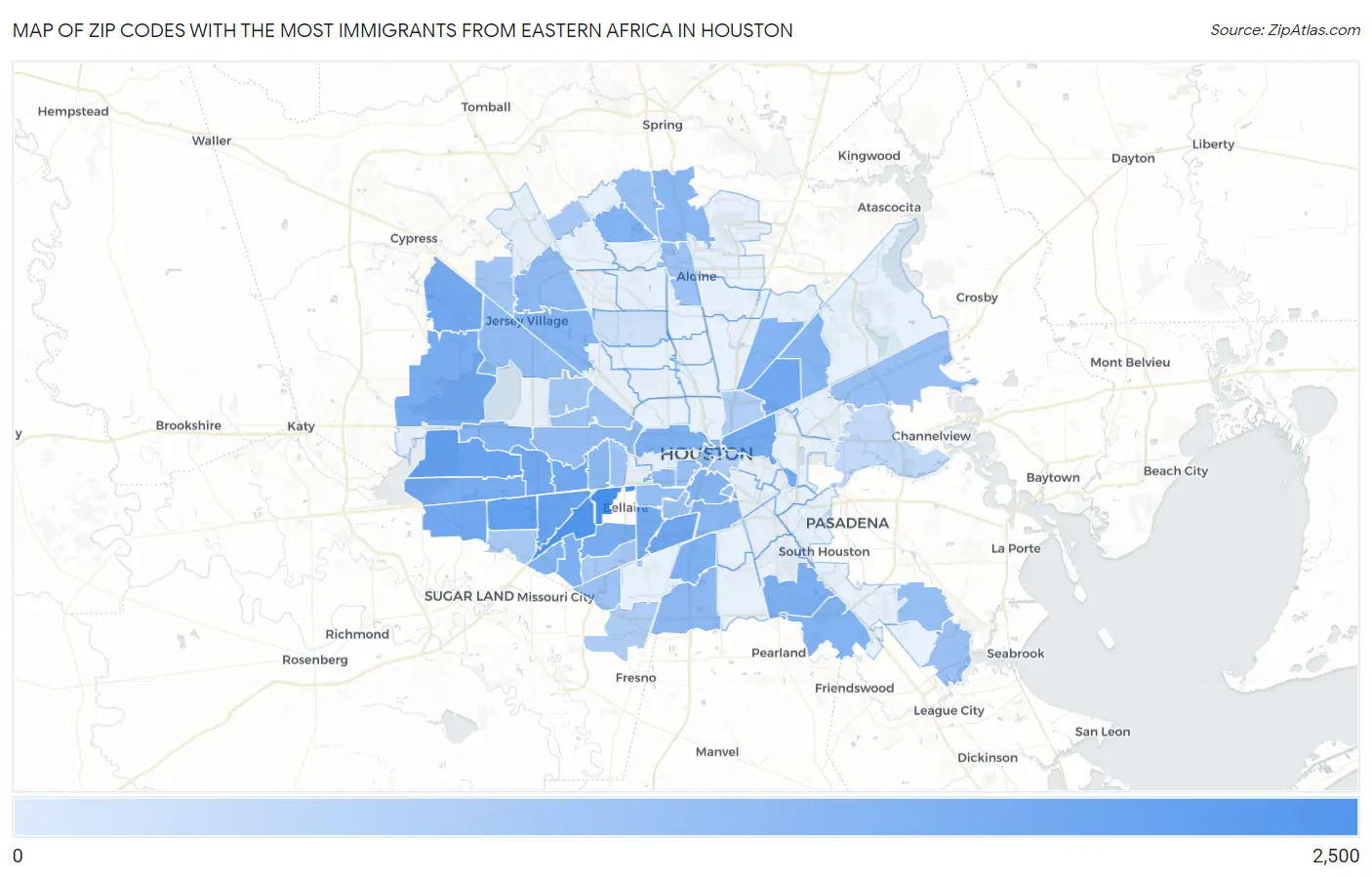 Zip Codes with the Most Immigrants from Eastern Africa in Houston Map