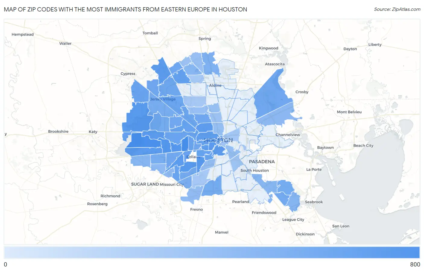 Zip Codes with the Most Immigrants from Eastern Europe in Houston Map