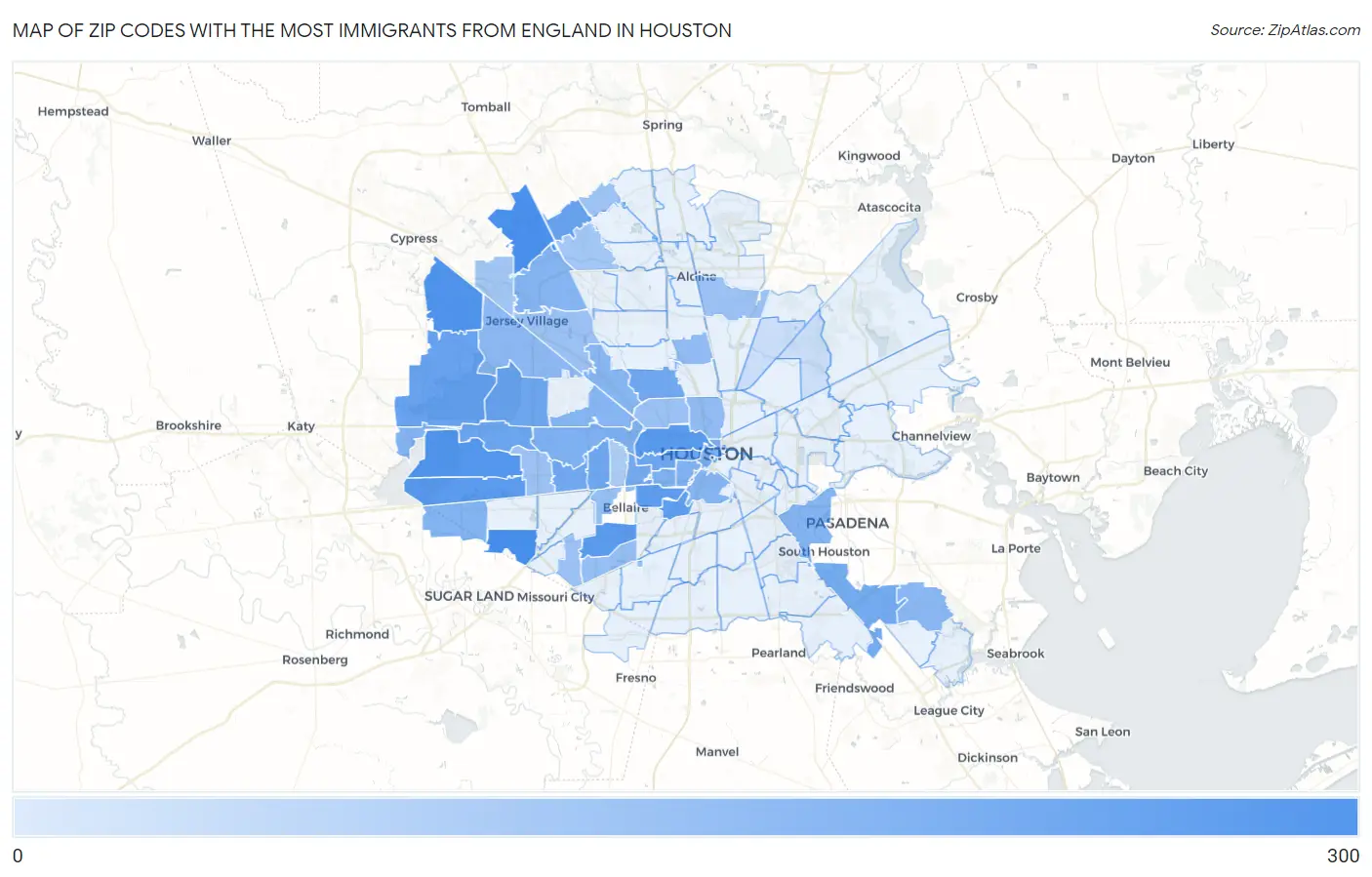 Zip Codes with the Most Immigrants from England in Houston Map