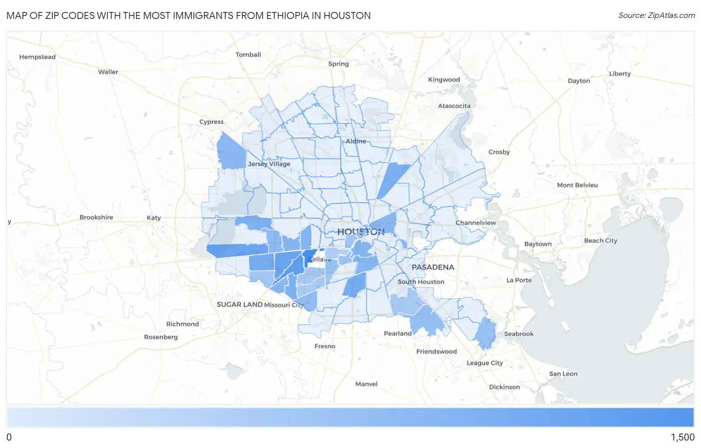 Zip Codes with the Most Immigrants from Ethiopia in Houston Map