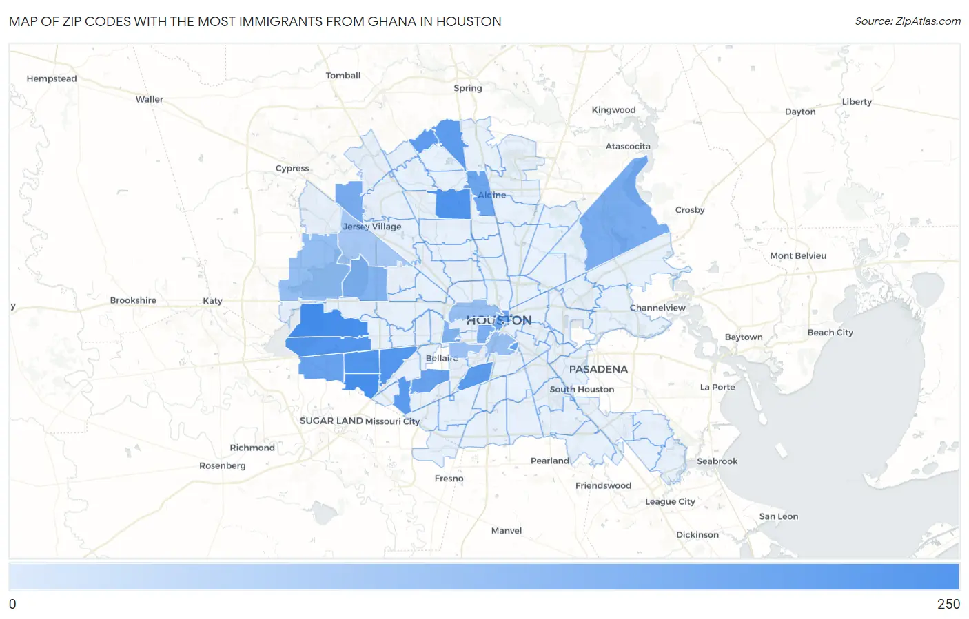 Zip Codes with the Most Immigrants from Ghana in Houston Map