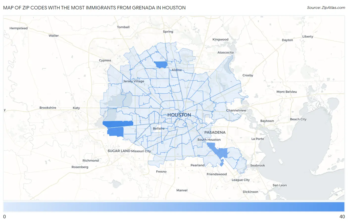 Zip Codes with the Most Immigrants from Grenada in Houston Map