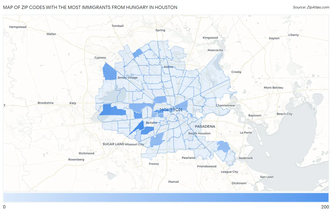 Zip Codes with the Most Immigrants from Hungary in Houston Map