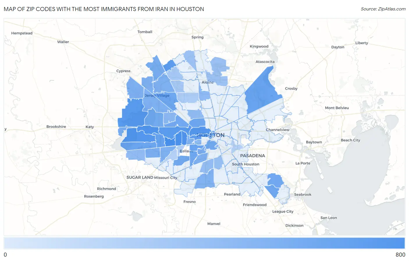 Zip Codes with the Most Immigrants from Iran in Houston Map