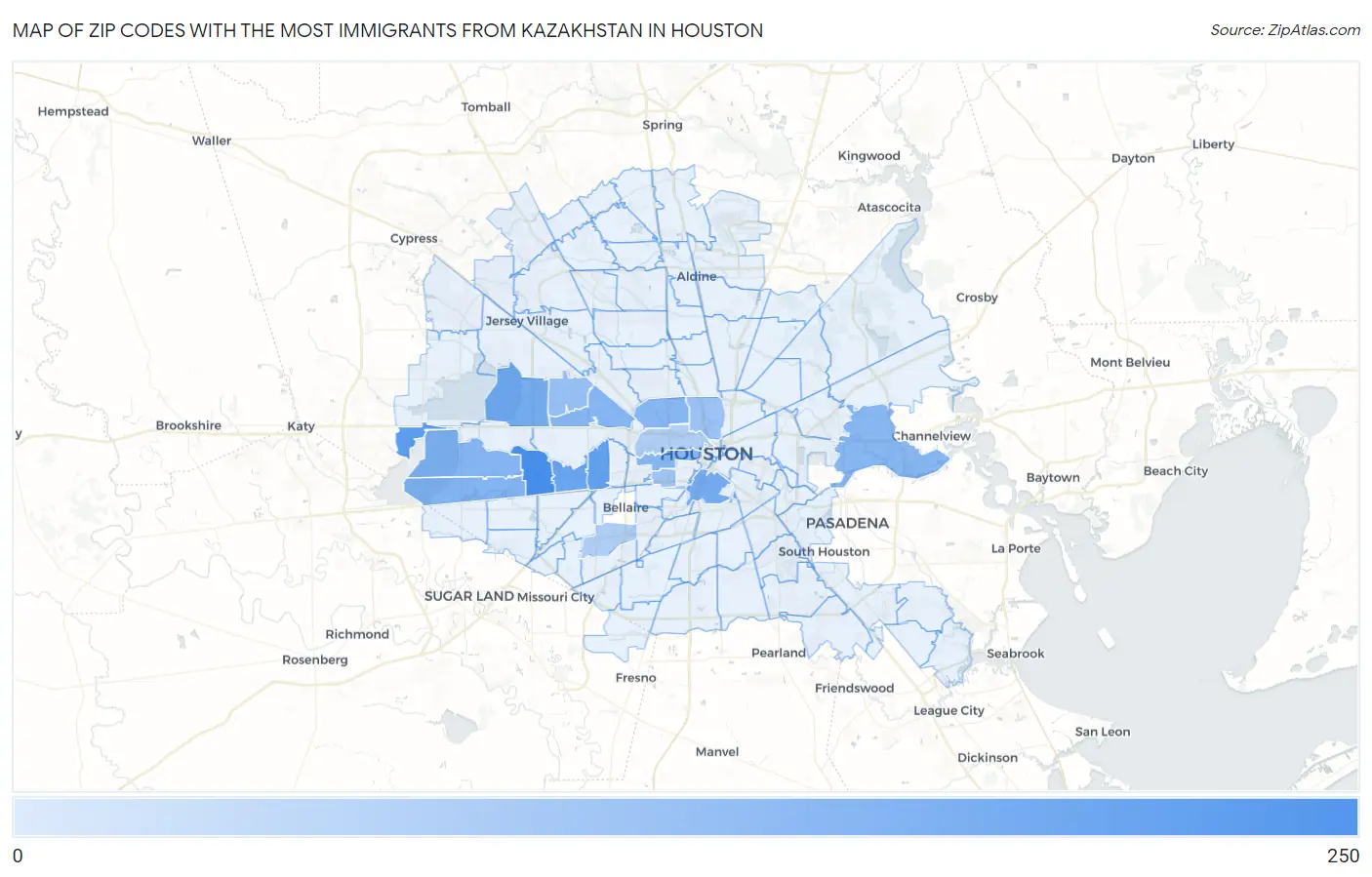Zip Codes with the Most Immigrants from Kazakhstan in Houston Map