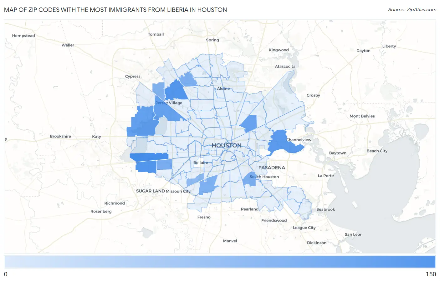 Zip Codes with the Most Immigrants from Liberia in Houston Map