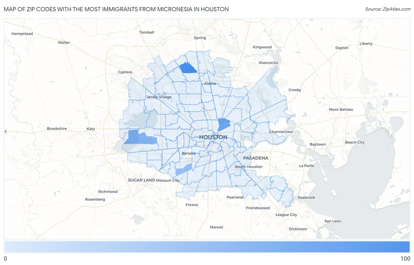 Zip Codes with the Most Immigrants from Micronesia in Houston Map