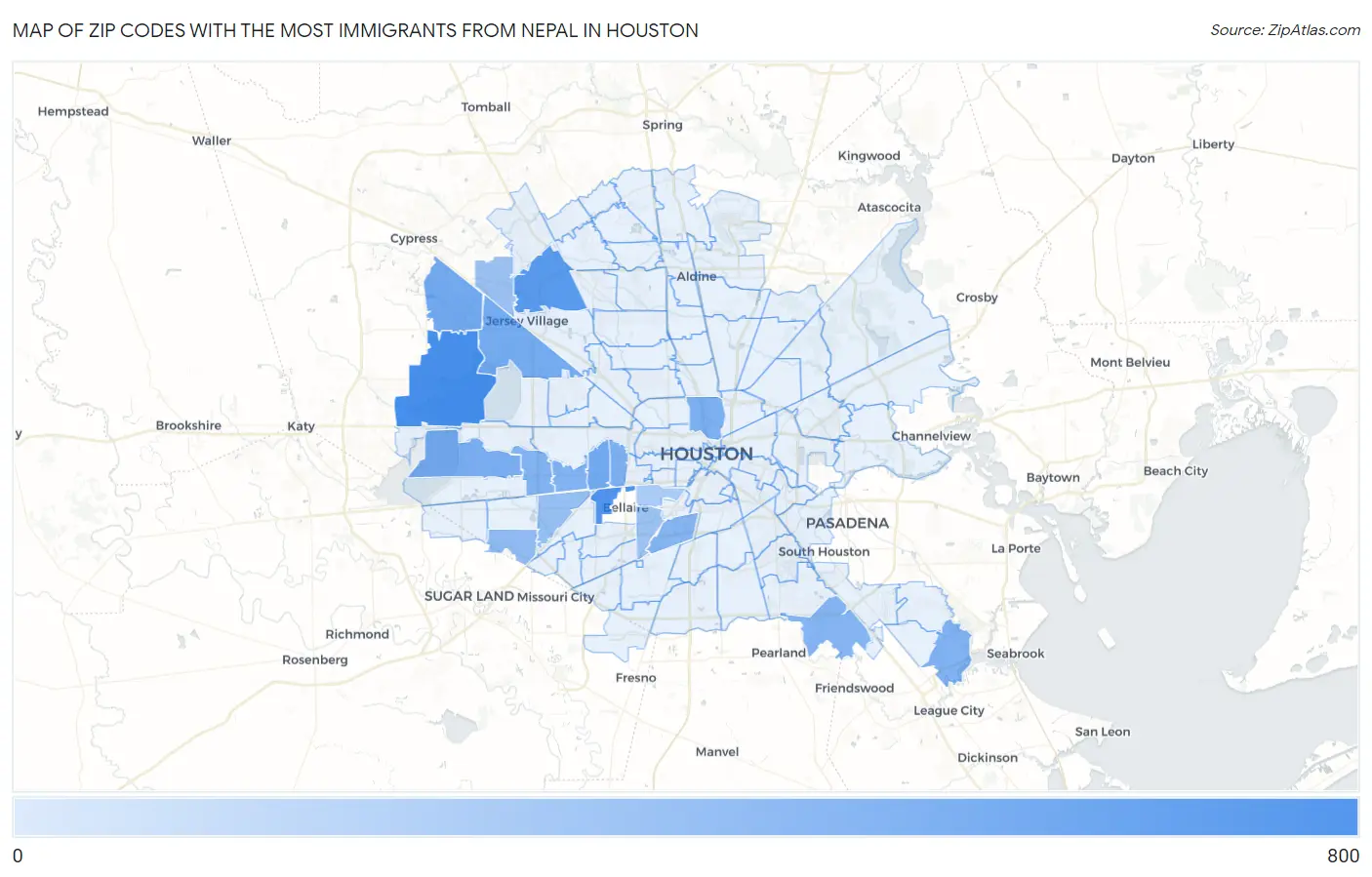 Zip Codes with the Most Immigrants from Nepal in Houston Map