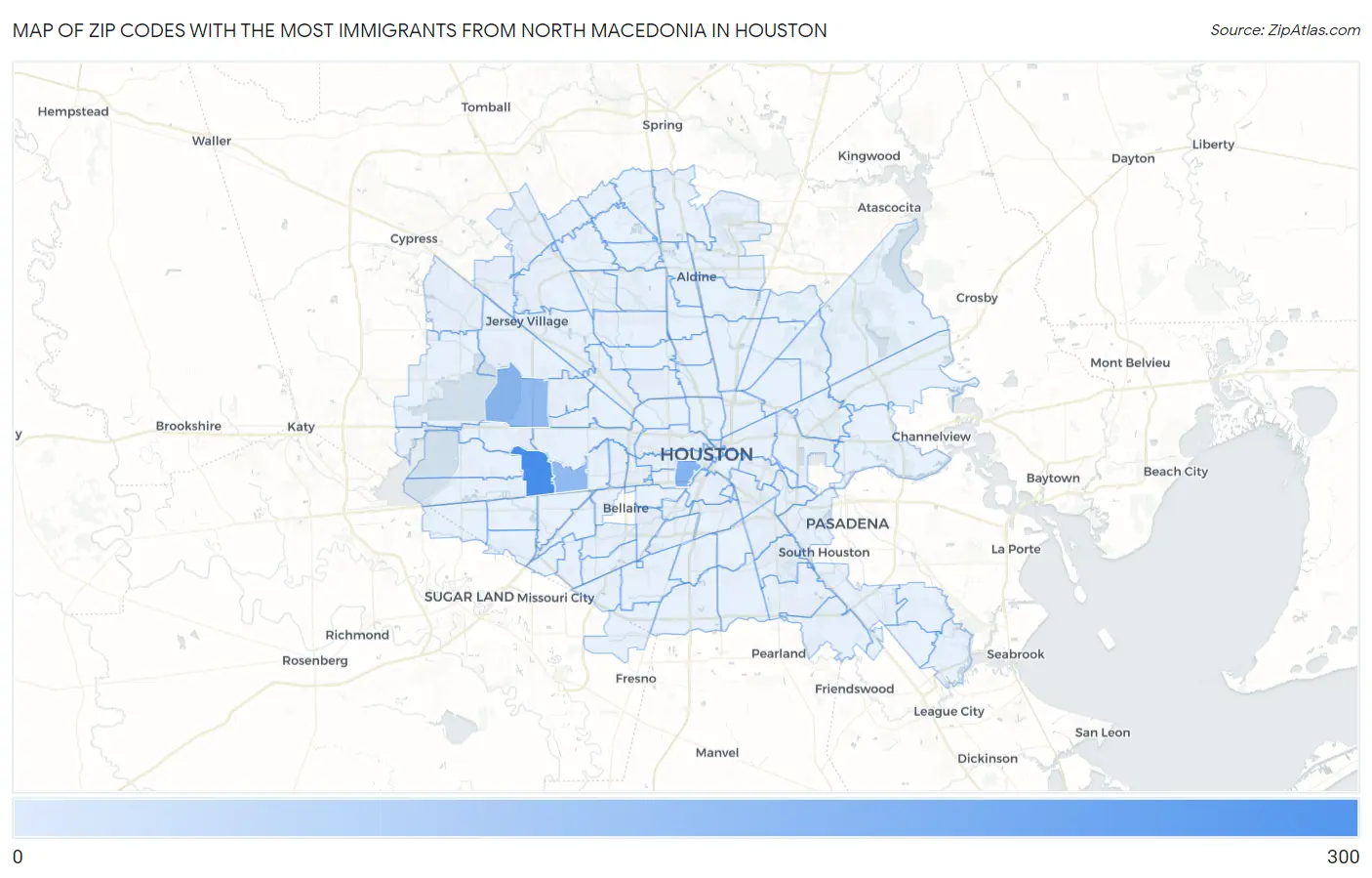 Zip Codes with the Most Immigrants from North Macedonia in Houston Map