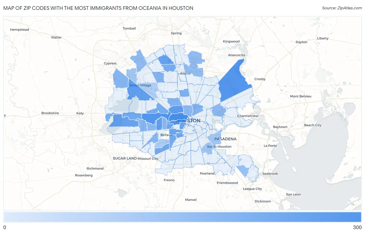 Zip Codes with the Most Immigrants from Oceania in Houston Map
