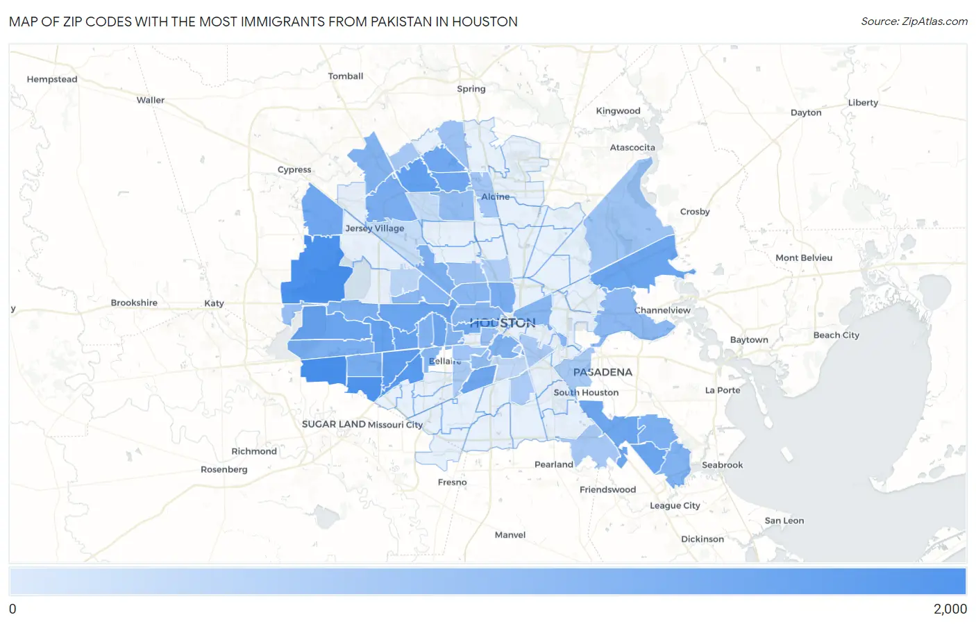 Zip Codes with the Most Immigrants from Pakistan in Houston Map