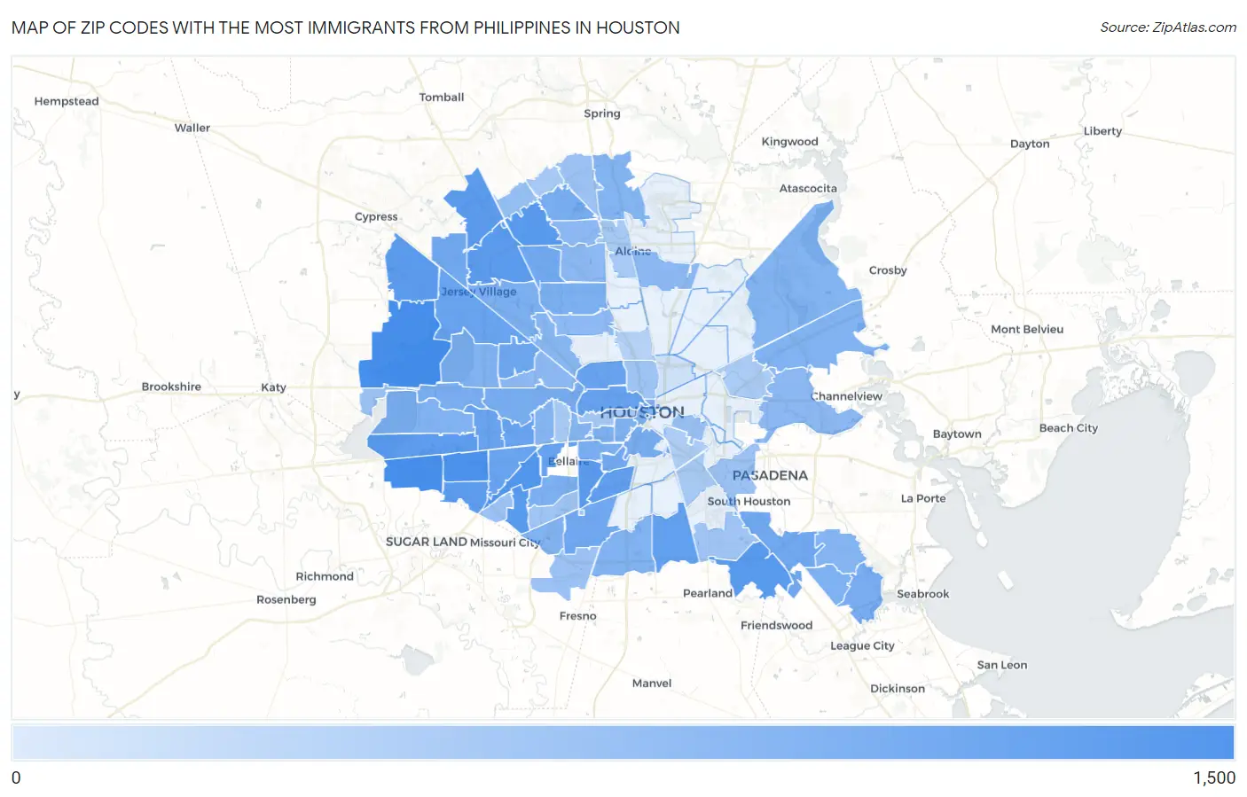 Zip Codes with the Most Immigrants from Philippines in Houston Map