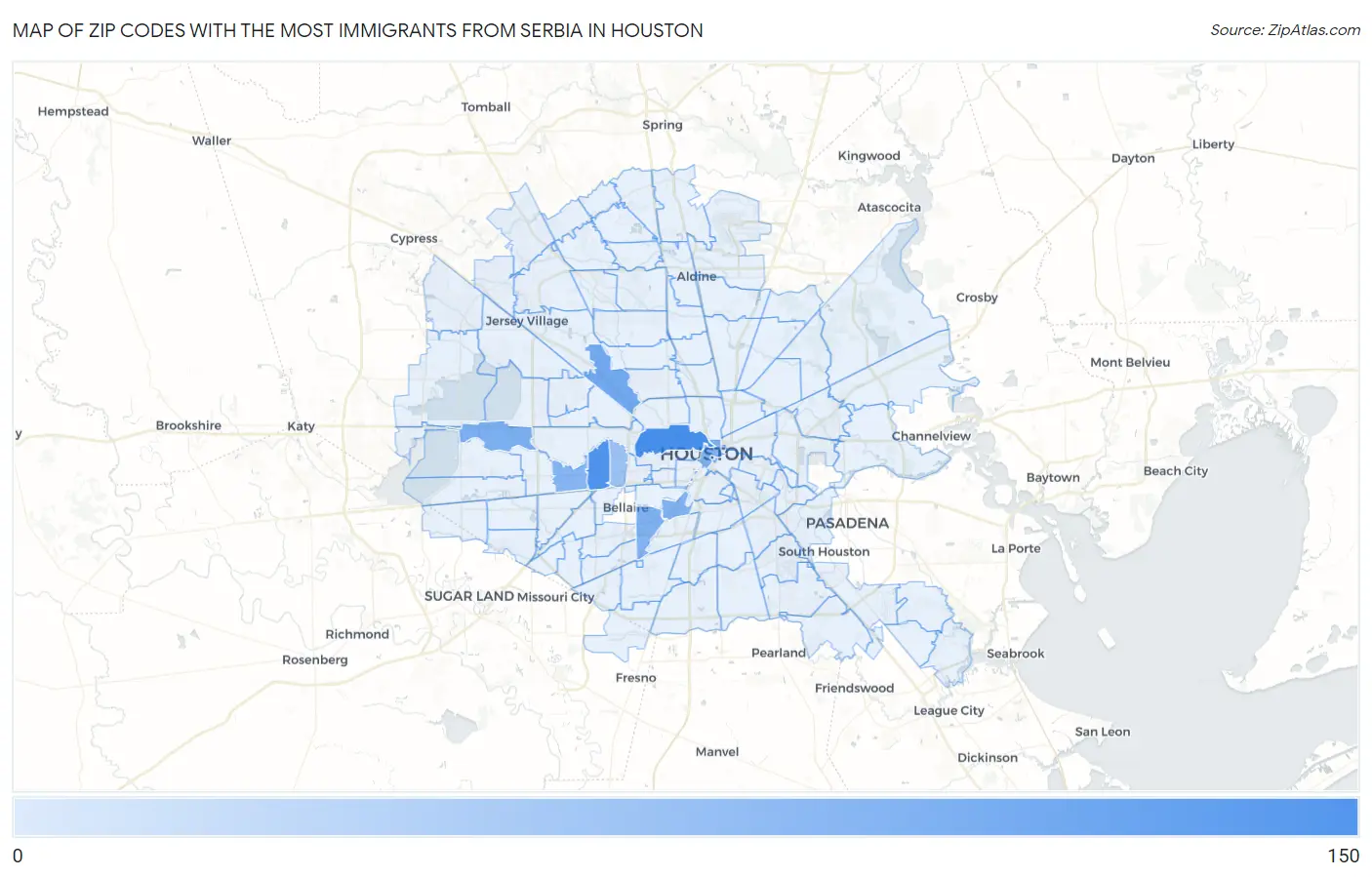 Zip Codes with the Most Immigrants from Serbia in Houston Map