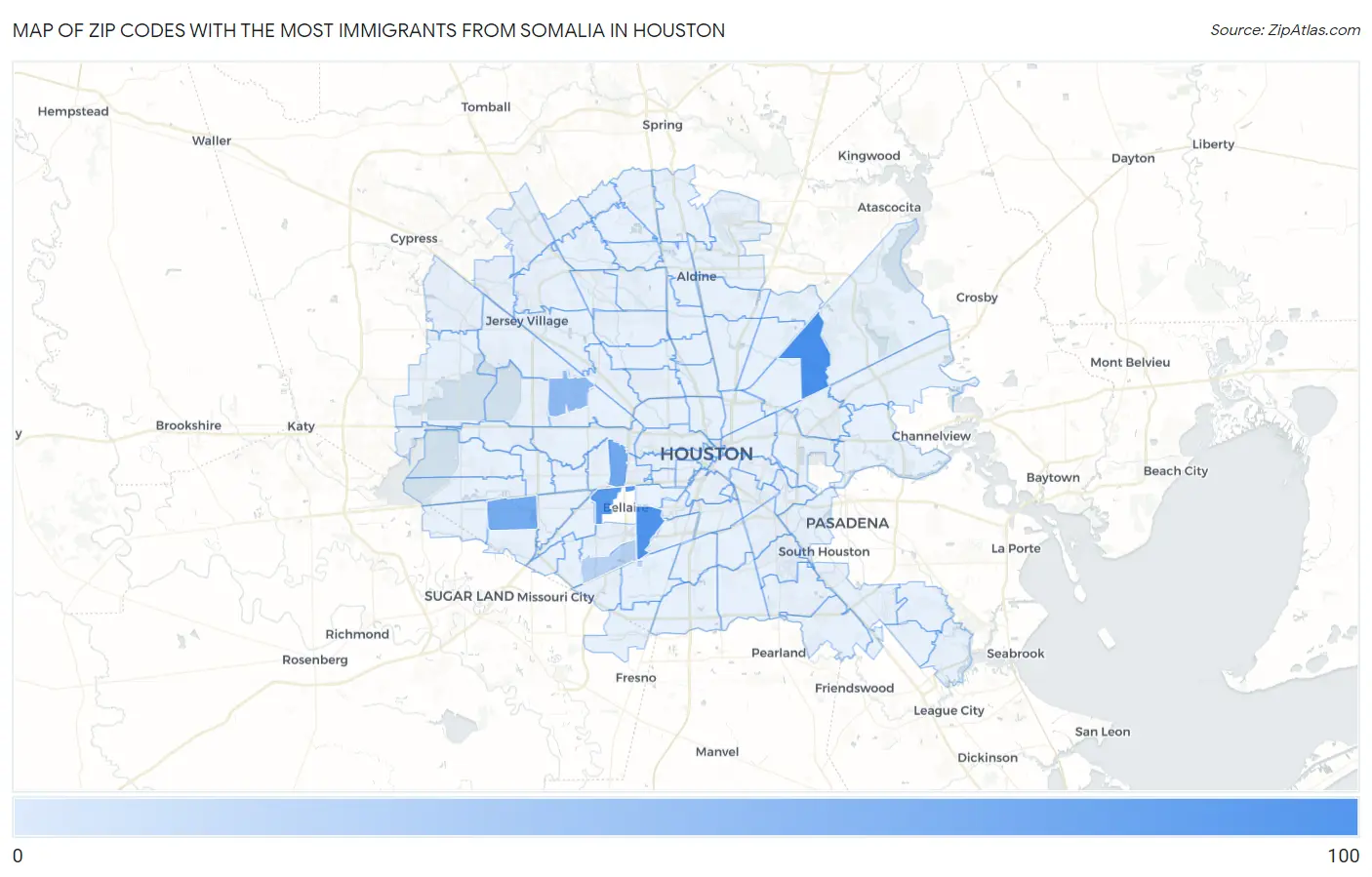 Zip Codes with the Most Immigrants from Somalia in Houston Map