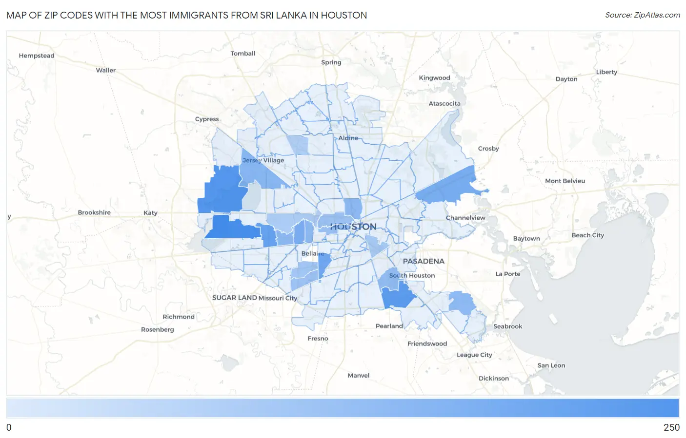 Zip Codes with the Most Immigrants from Sri Lanka in Houston Map