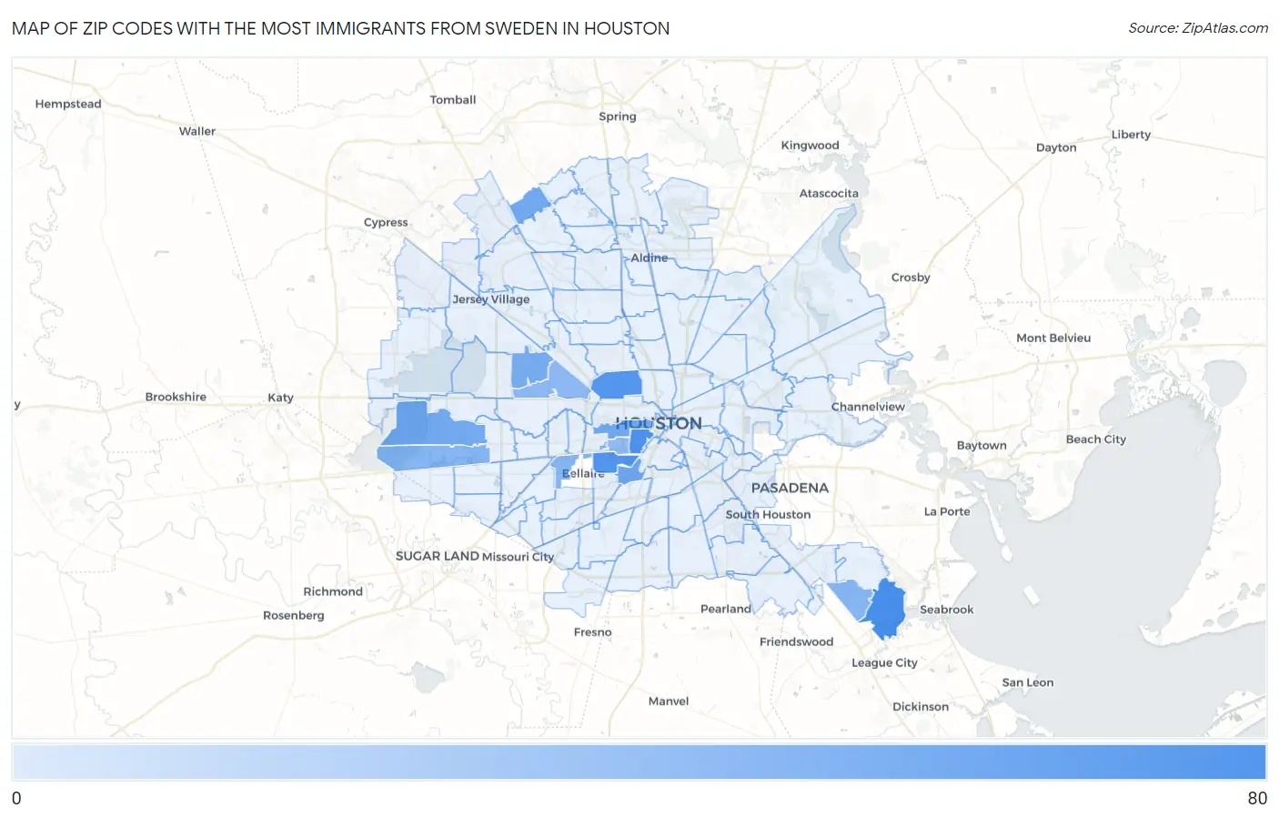 Zip Codes with the Most Immigrants from Sweden in Houston Map
