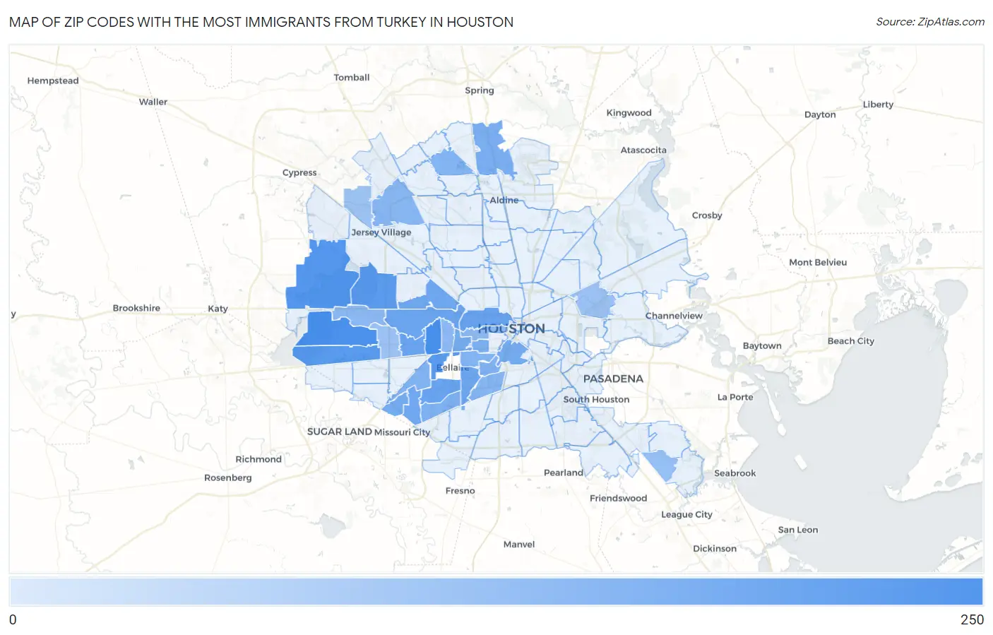 Zip Codes with the Most Immigrants from Turkey in Houston Map