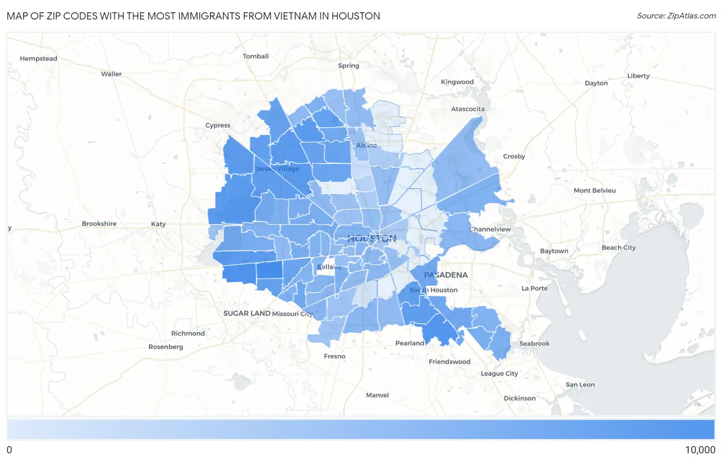 Zip Codes with the Most Immigrants from Vietnam in Houston Map