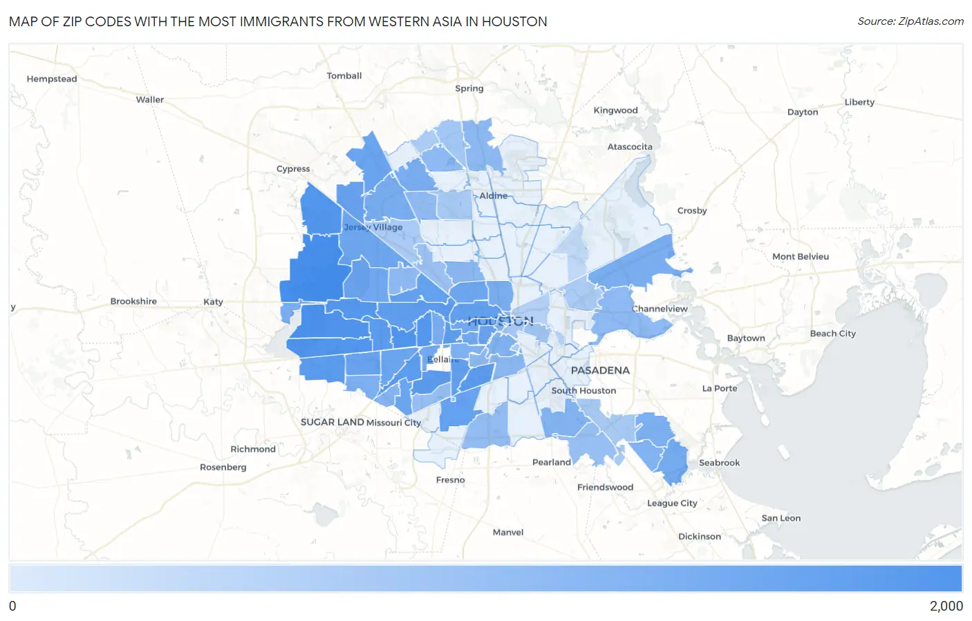 Zip Codes with the Most Immigrants from Western Asia in Houston Map