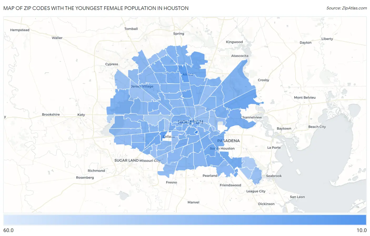 Zip Codes with the Youngest Female Population in Houston Map
