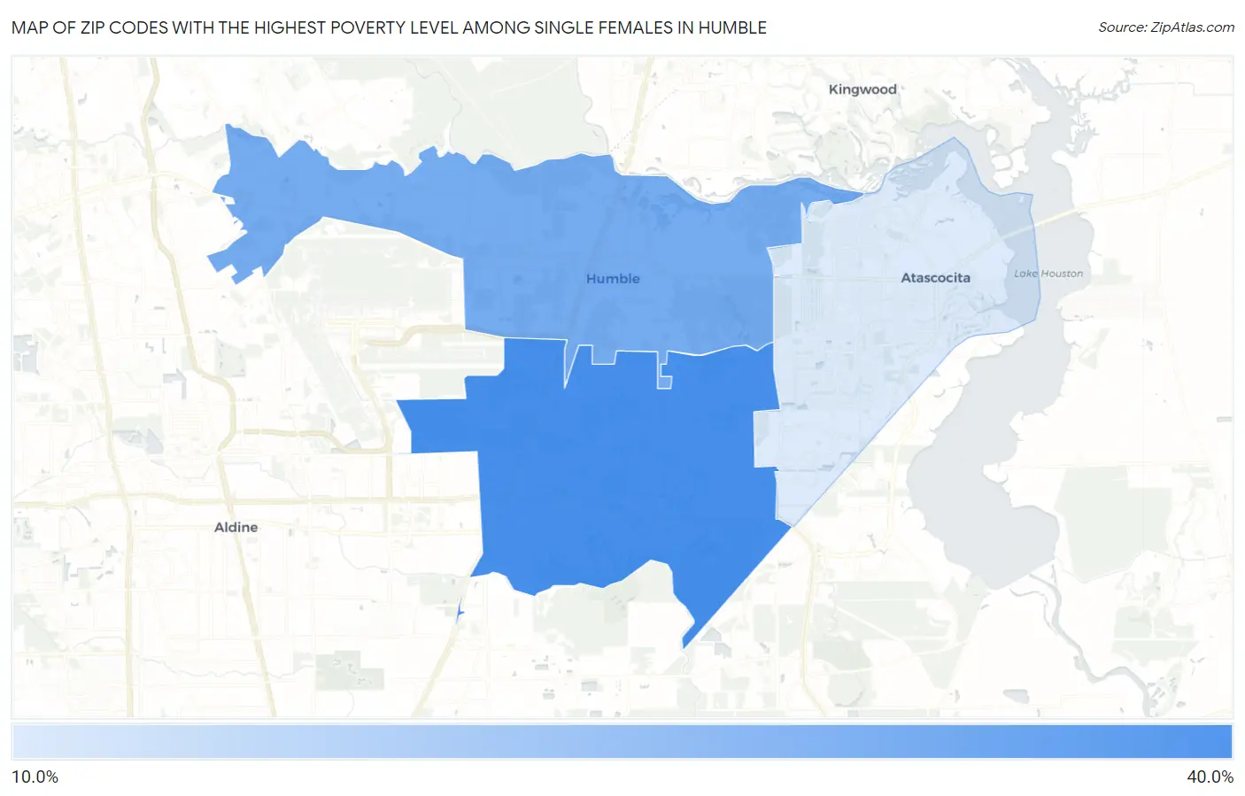 Zip Codes with the Highest Poverty Level Among Single Females in Humble Map