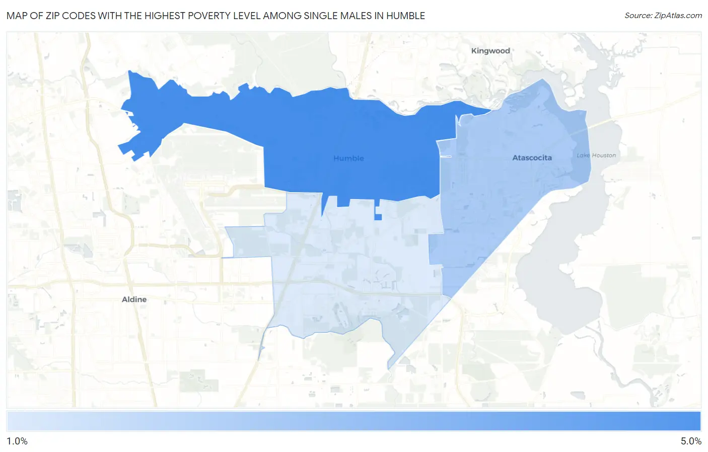 Zip Codes with the Highest Poverty Level Among Single Males in Humble Map