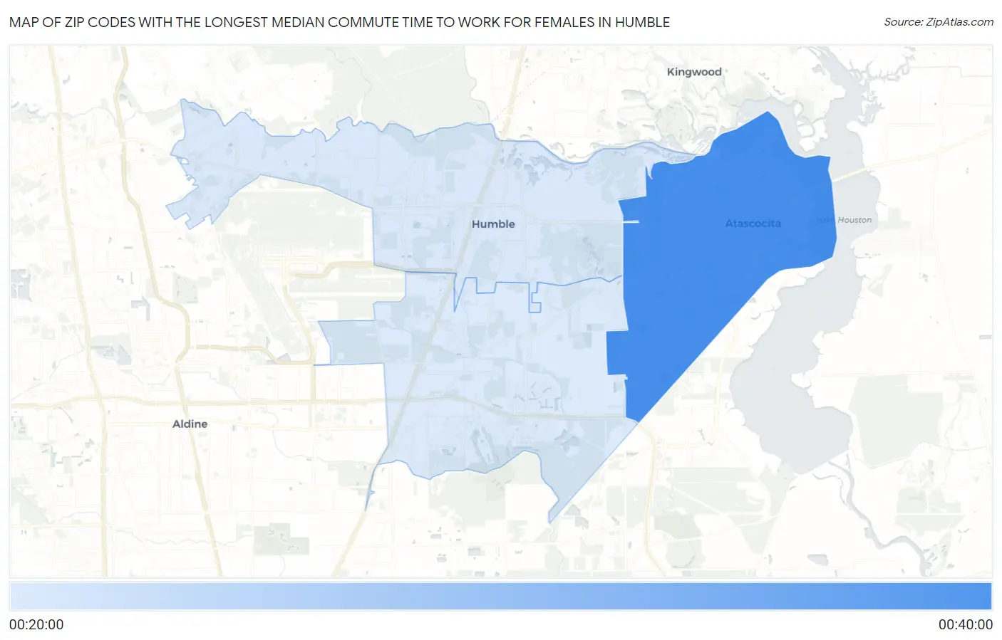 Zip Codes with the Longest Median Commute Time to Work for Females in Humble Map